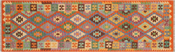 Flat Weave Kilim, Antique, Navaho, Vintage, Handmade, Geometric Kilim Blue Rust Hand-Woven Runner 100% Wool Area Rug 3 x 10
